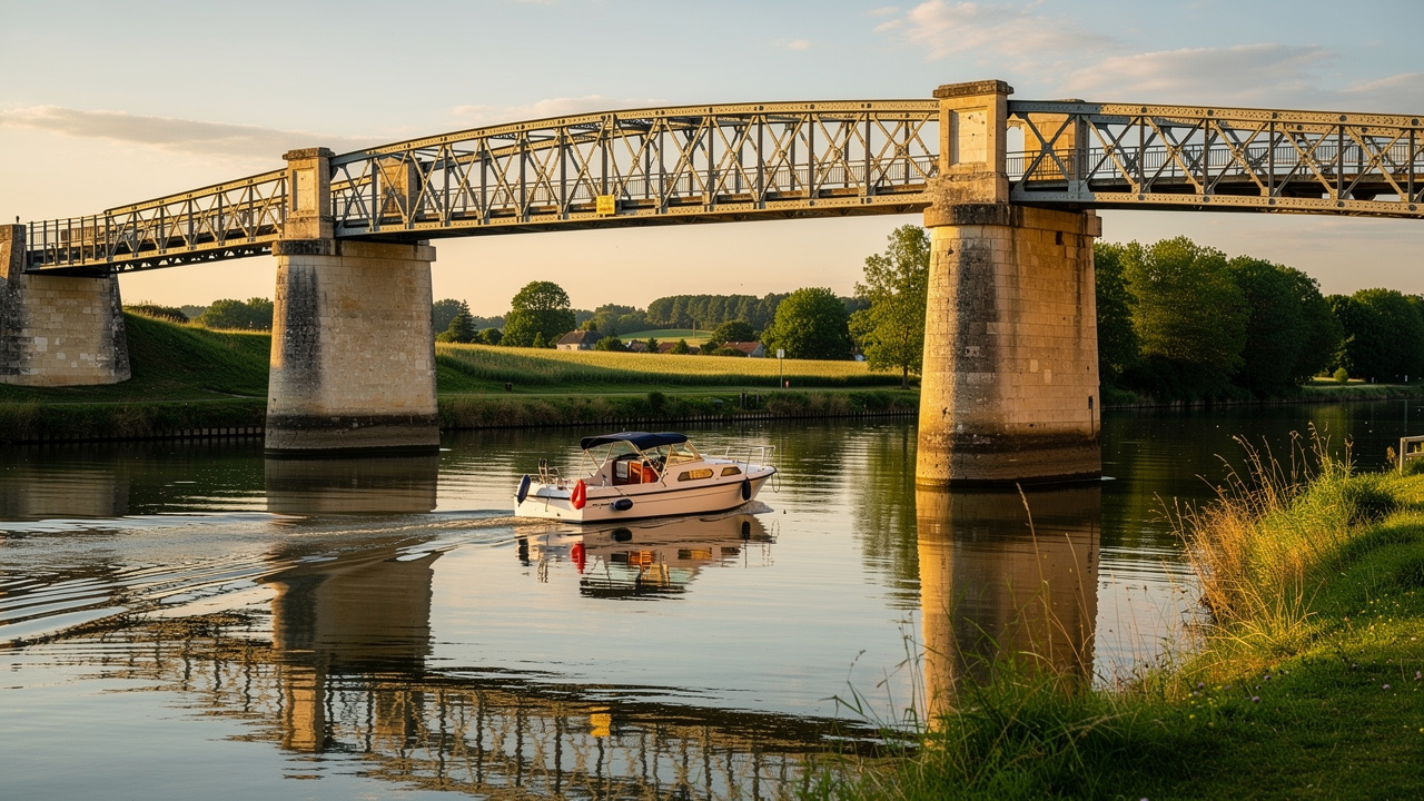 Bateau de plaisance naviguant sur le canal de Briare près du pont-canal métallique, dans la lumière douce de la fin d’après-midi et le paysage verdoyant du Loiret.