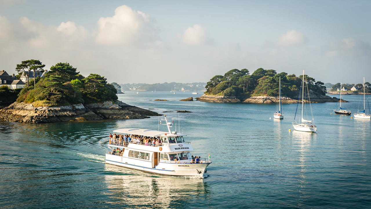 Vedette touristique naviguant au milieu du golfe du Morbihan, entourée d’îles boisées et de voiliers au mouillage sous un ciel lumineux de Bretagne Sud.