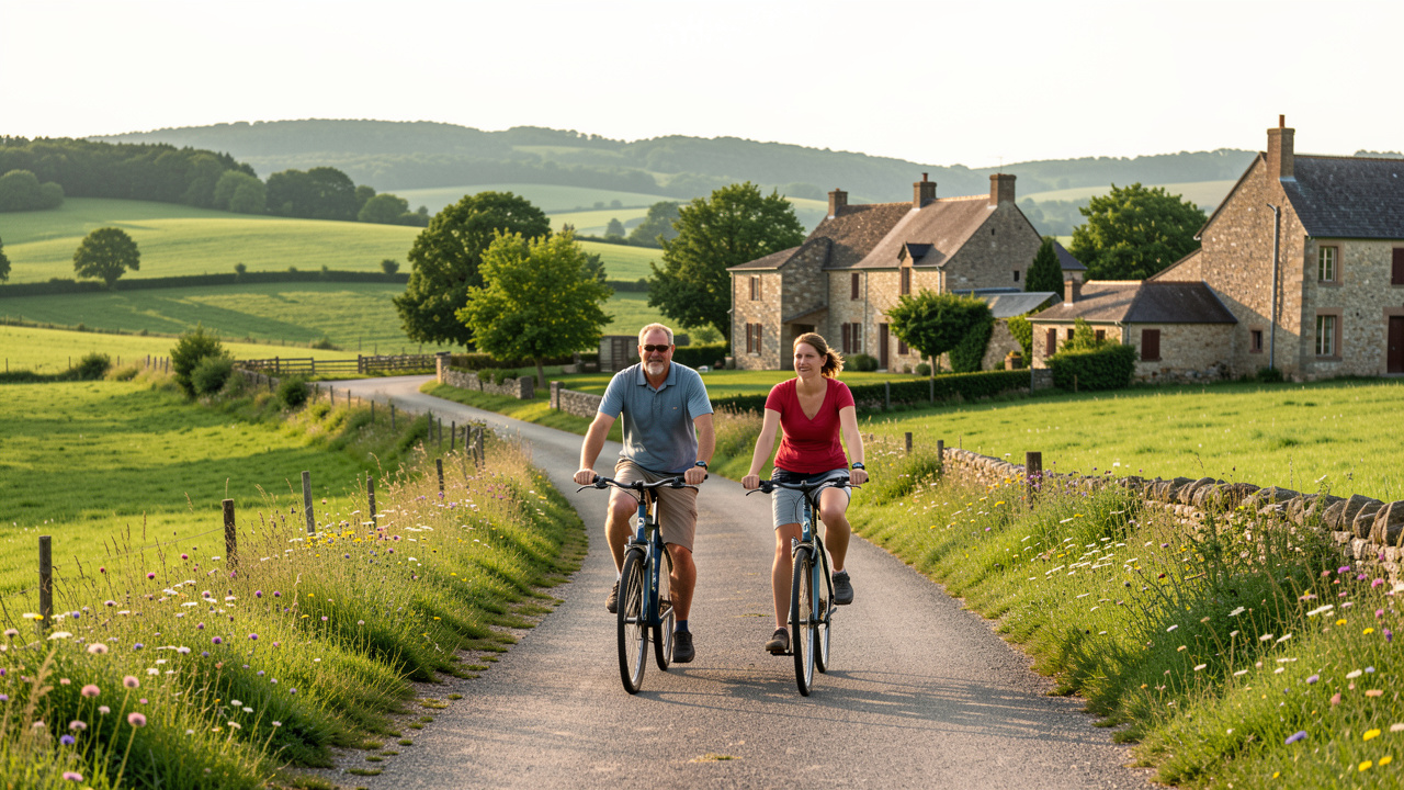 Un homme et une femme à vélo roulent tranquillement sur une route de campagne près d’un village français entouré de paysages verdoyants.