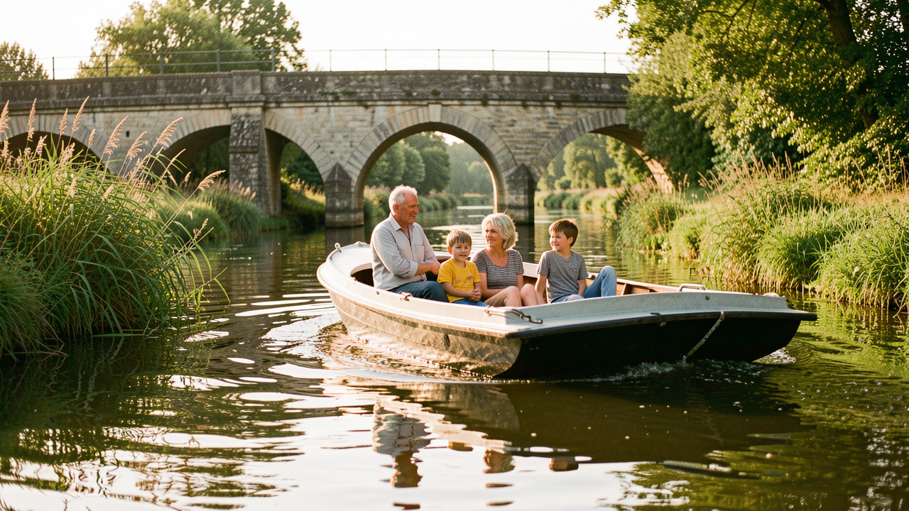 Une famille composée d’un homme, d’une femme et de deux enfants navigue lentement sur un petit bateau près du pont-canal de Briare, baignée par une douce lumière de fin d’après-midi.