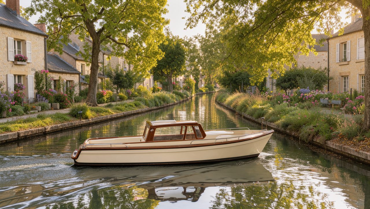 Bateau de plaisance naviguant sur un canal paisible bordé d’arbres, de maisons en pierre et de villages français.