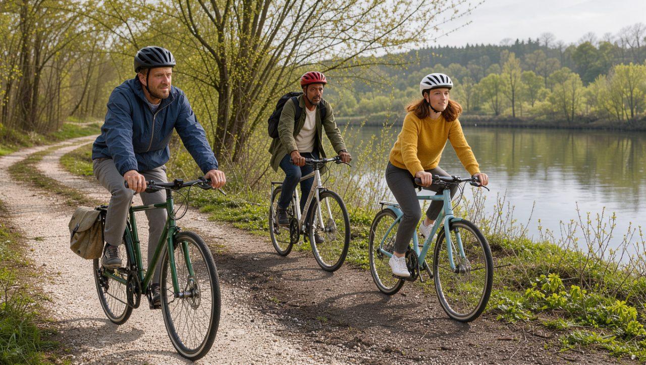 Trois cyclistes roulent sur une voie calme au bord de la Seine, dans une lumière printanière, avec la forêt de Fontainebleau à l’horizon.