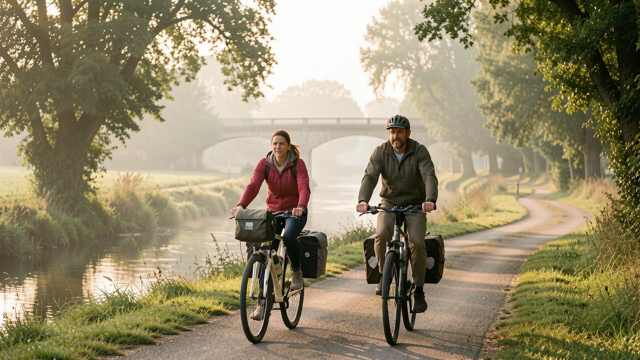Deux cyclotouristes, une femme et un homme, roulent avec leurs sacoches au bord du canal de Briare, tandis que le pont-canal apparaît au loin dans la douce lumière du matin.