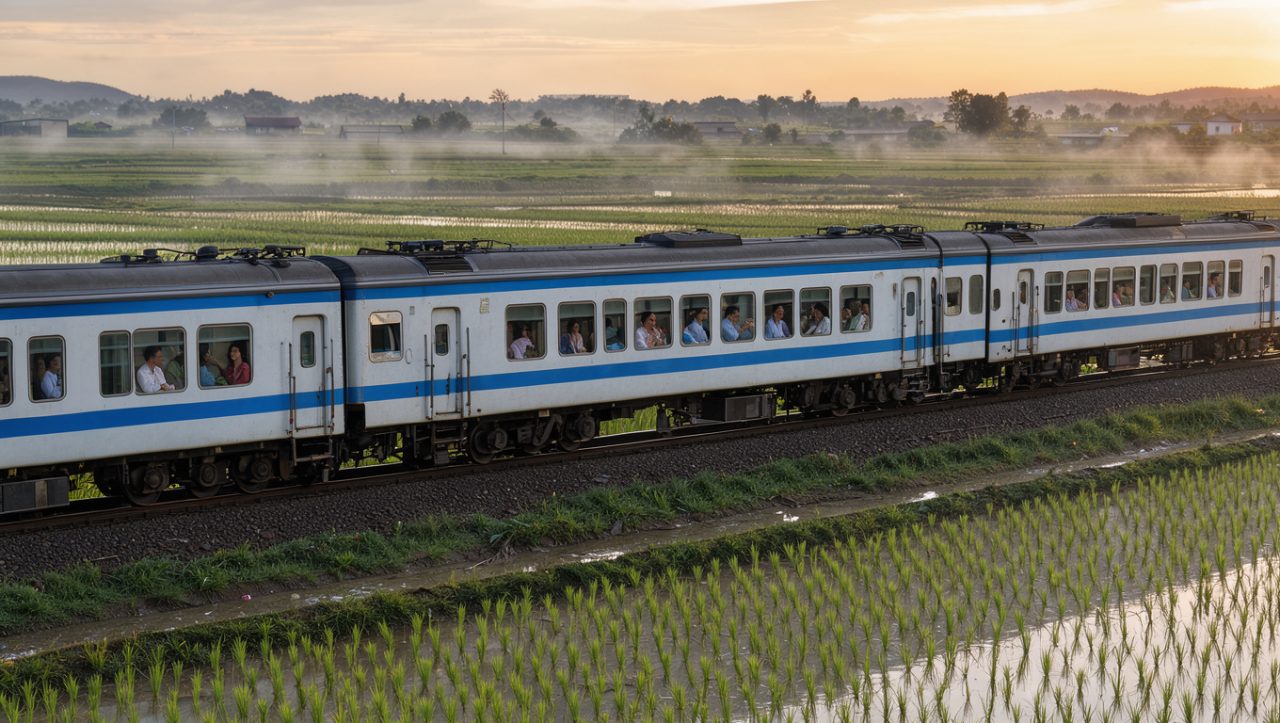 Train vietnamien bleu et blanc traversant des rizières au petit matin, avec des voyageurs visibles aux fenêtres dans une lumière douce.