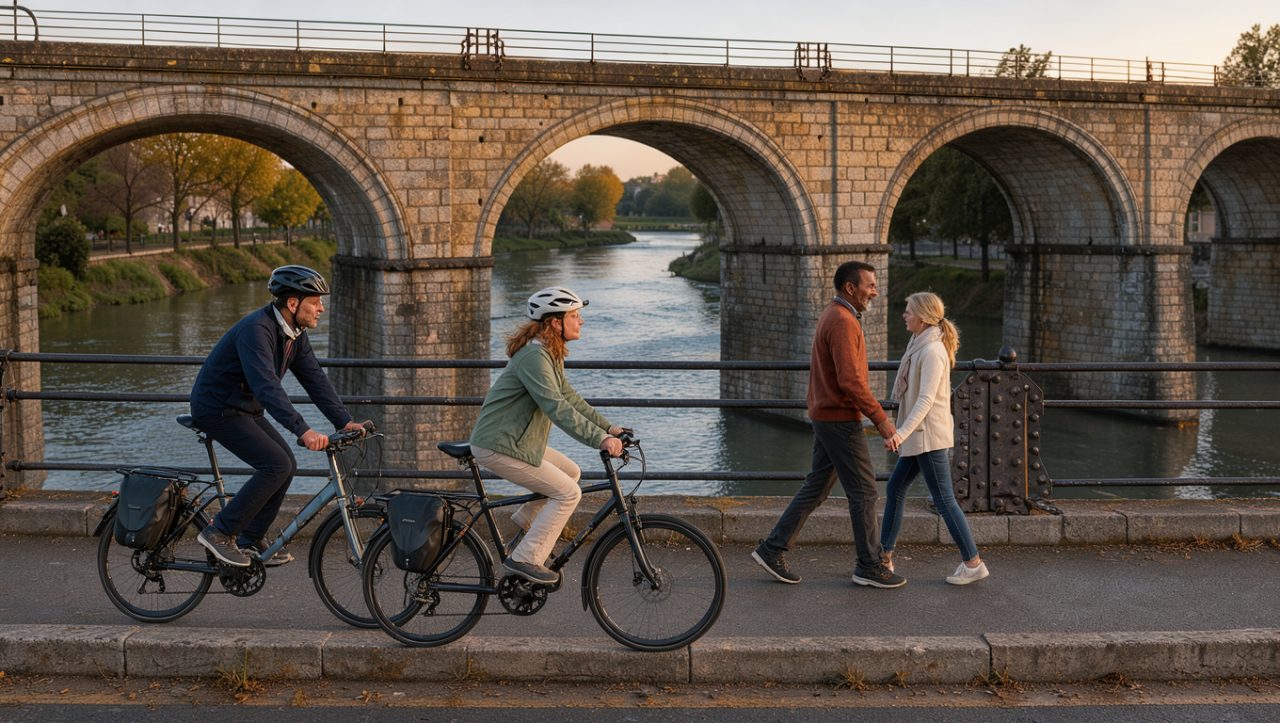 Vue matinale du pont-canal de Briare avec des cyclistes et des piétons, la Loire en contrebas et une lumière douce.